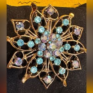 Gold and Blue Rhinestone Brooch